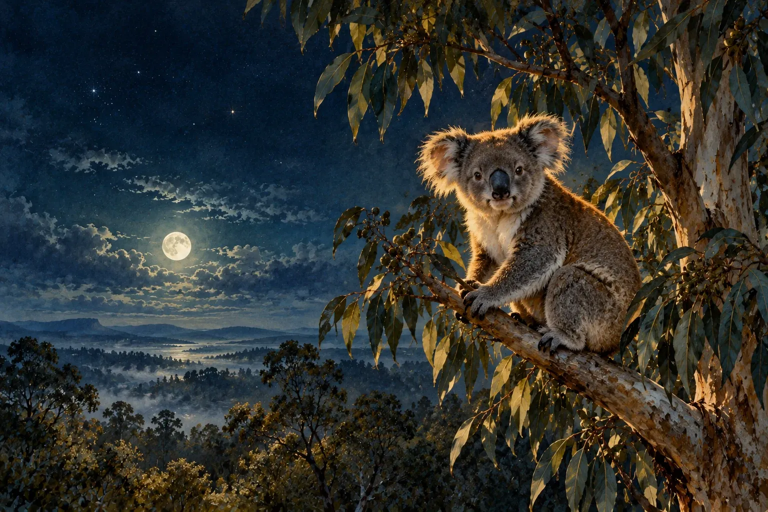 Dreamlike night painting of a koala in its natural world.