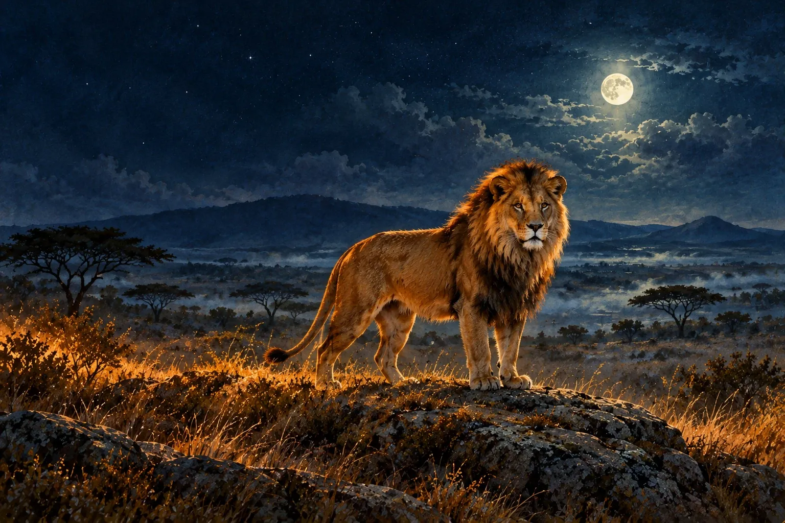 Dreamlike night painting of a lion in its natural world.