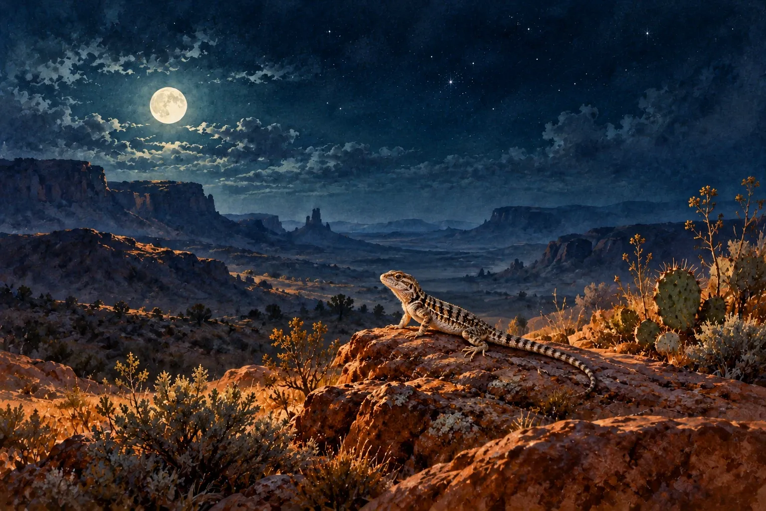 Dreamlike night painting of a lizard in its natural world.