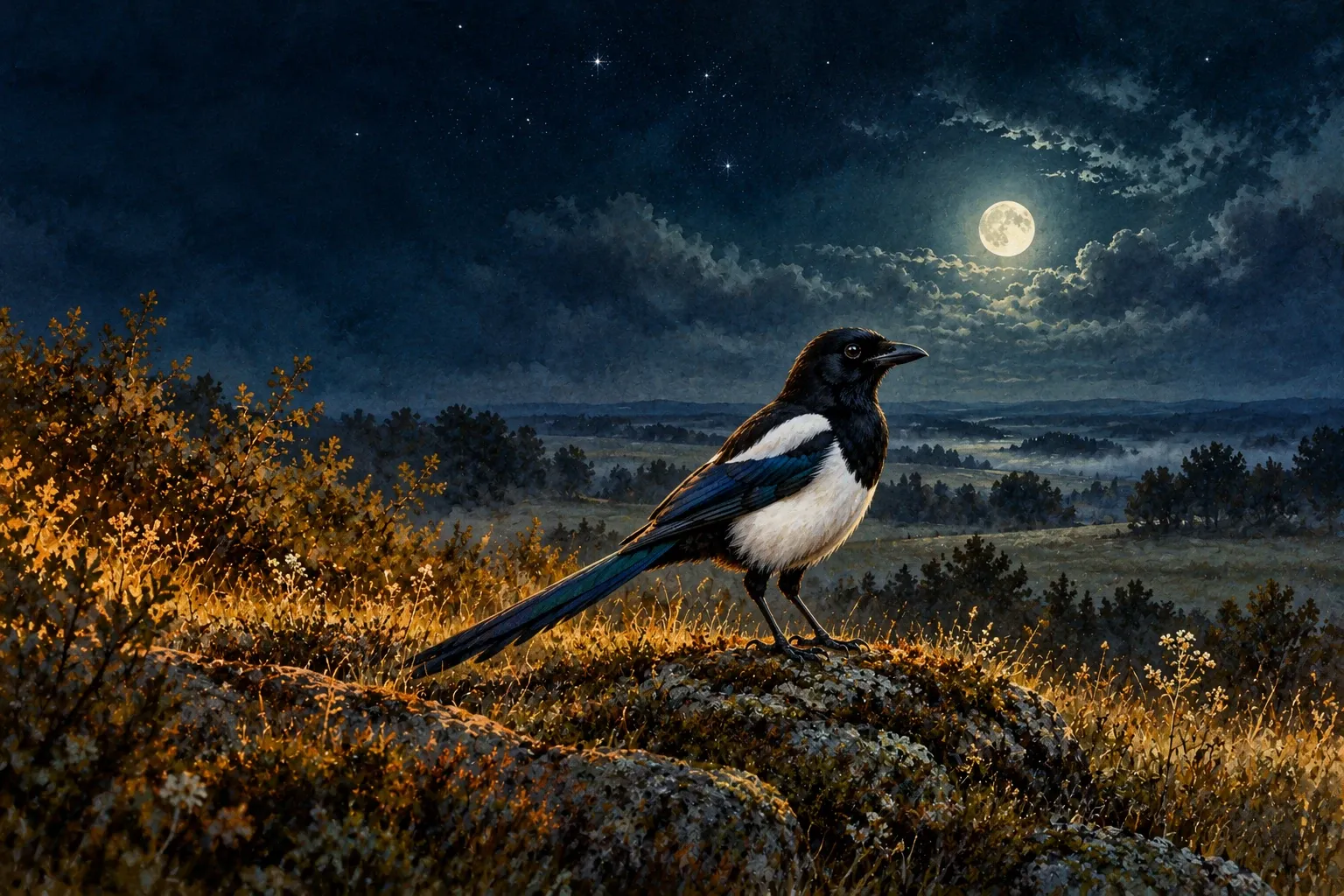 Dreamlike night painting of a magpie in its natural world.