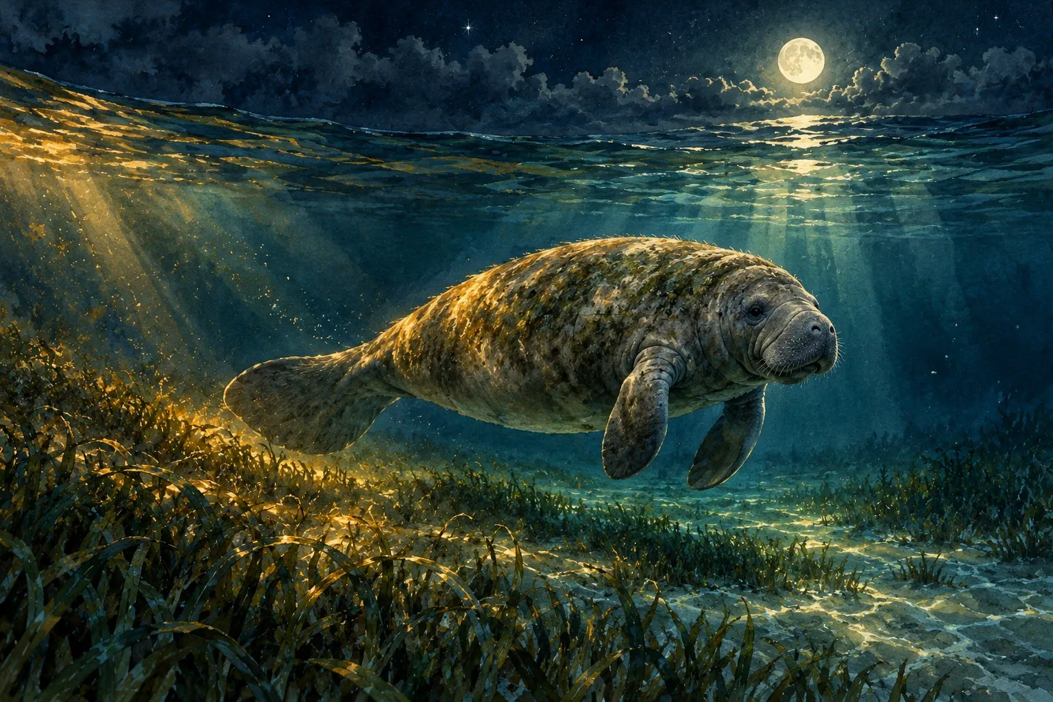 Dreamlike night painting of a manatee in its natural world.