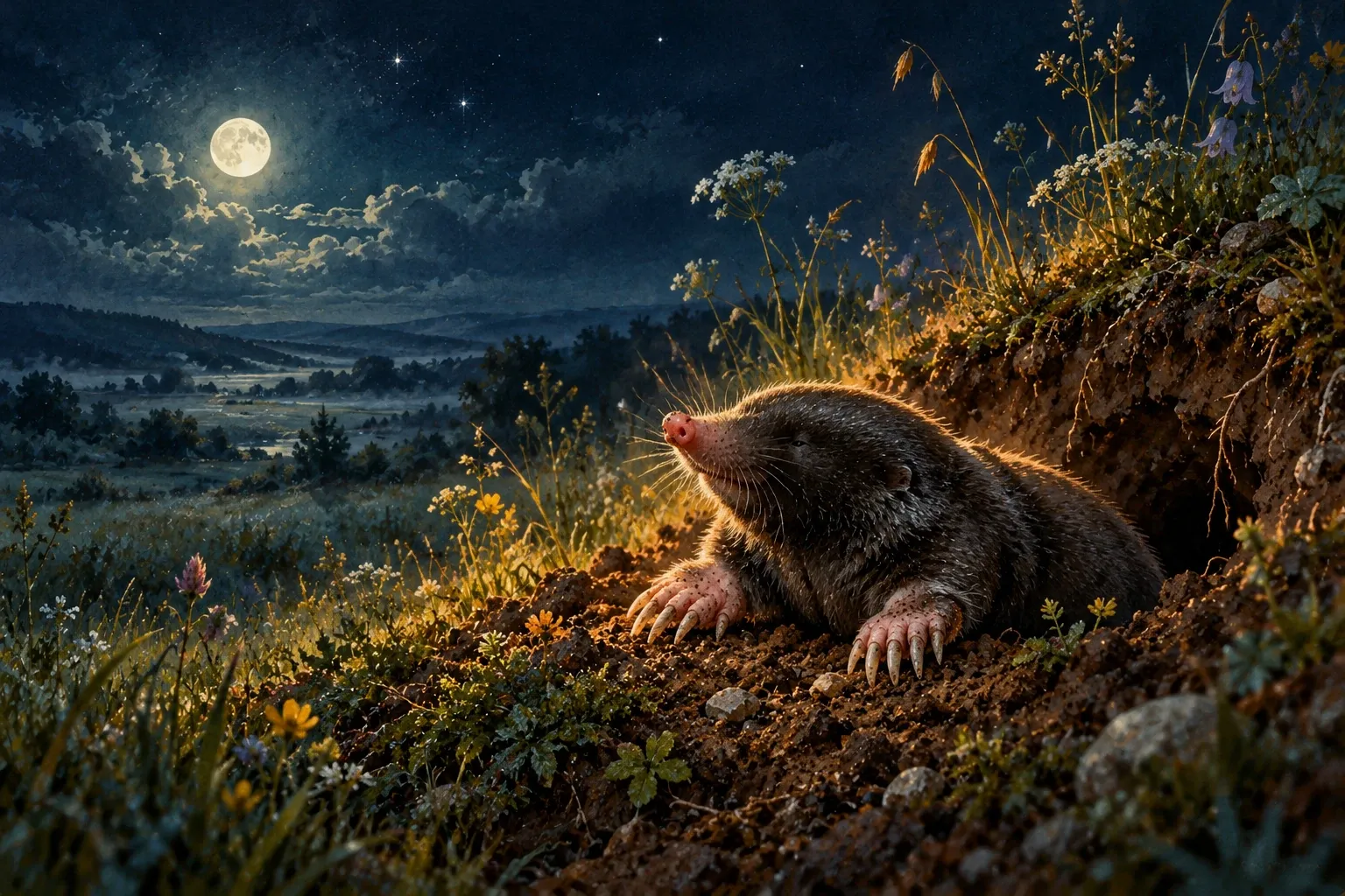 Dreamlike night painting of a mole in its natural world.