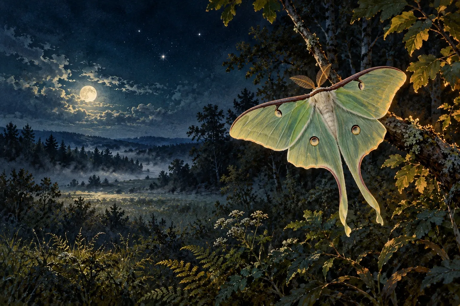 Dreamlike night painting of a moth in its natural world.