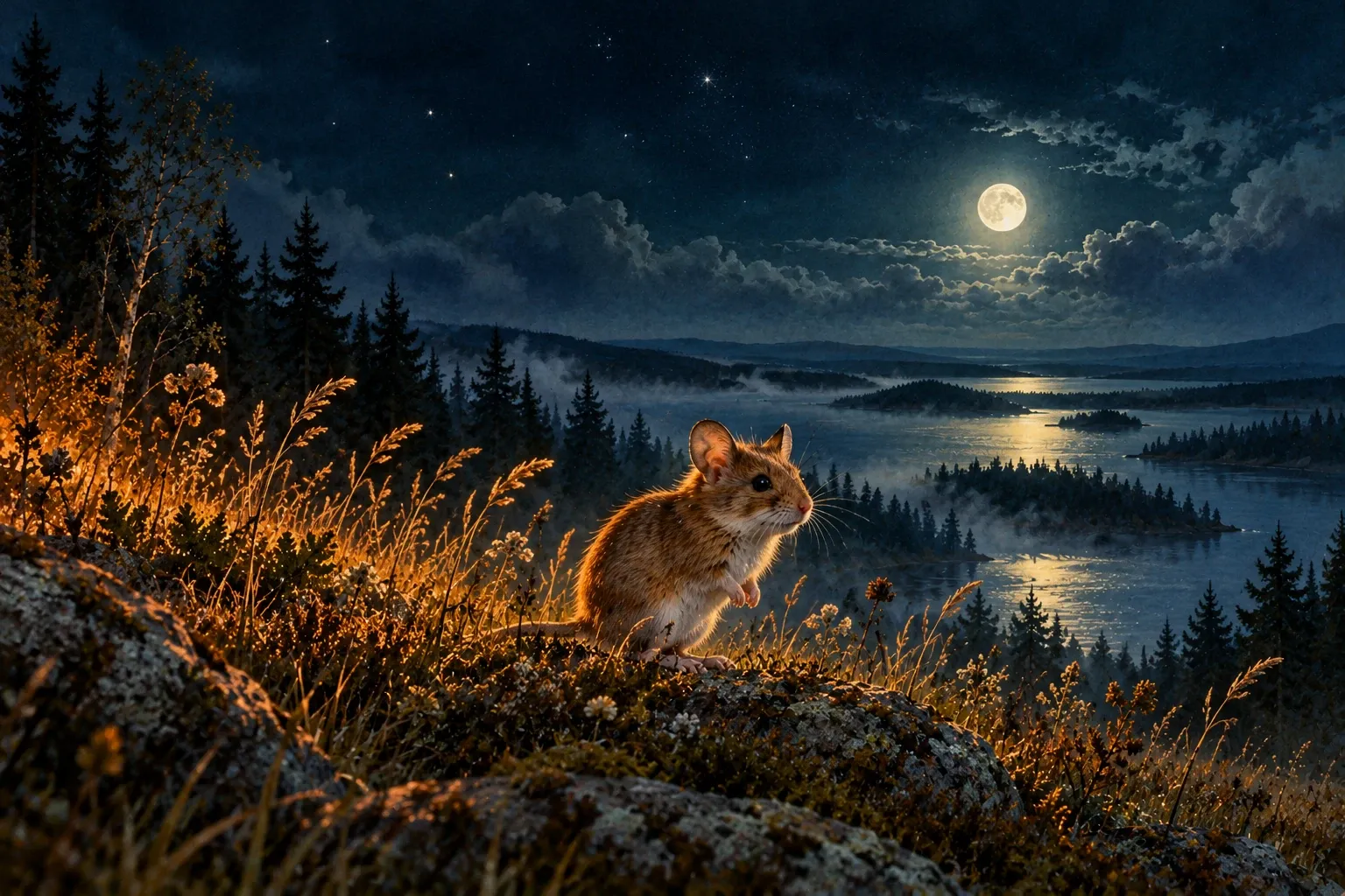Dreamlike night painting of a mouse in its natural world.