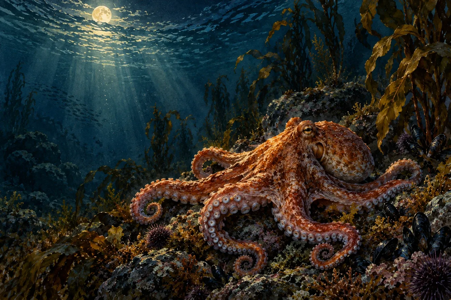 Dreamlike night painting of a octopus in its natural world.