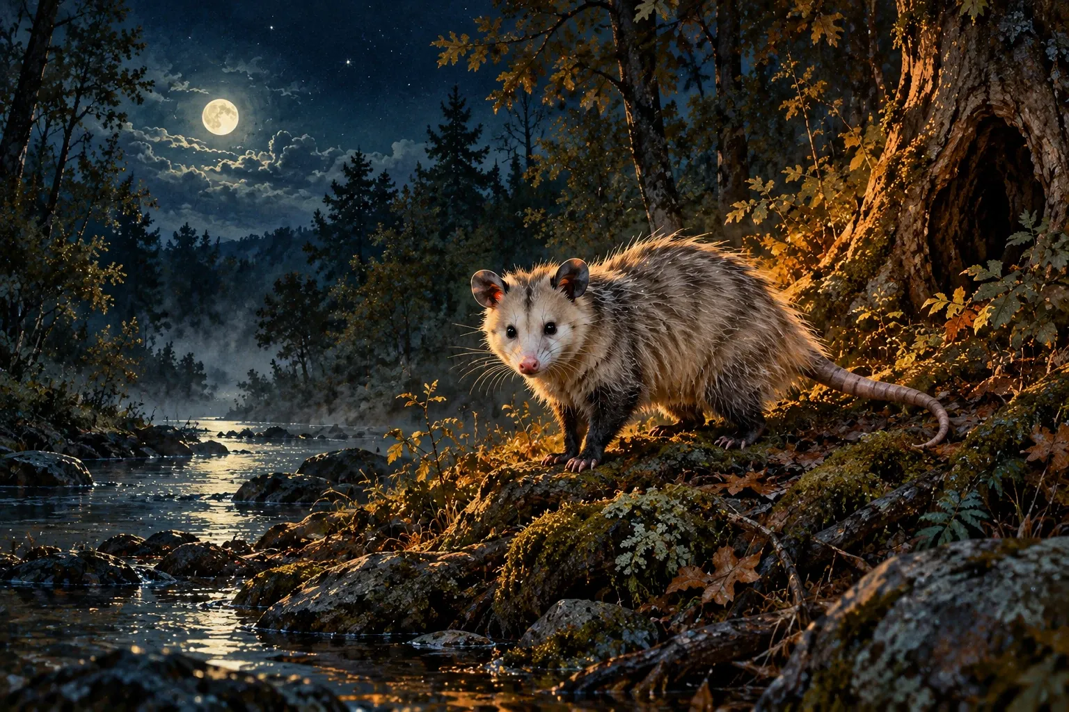 Dreamlike night painting of a opossum in its natural world.
