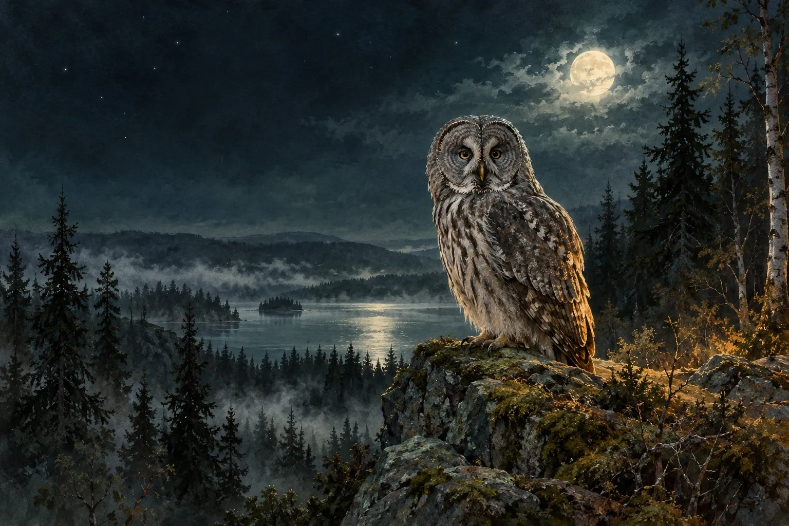 Dreamlike night painting of a owl in its natural world.