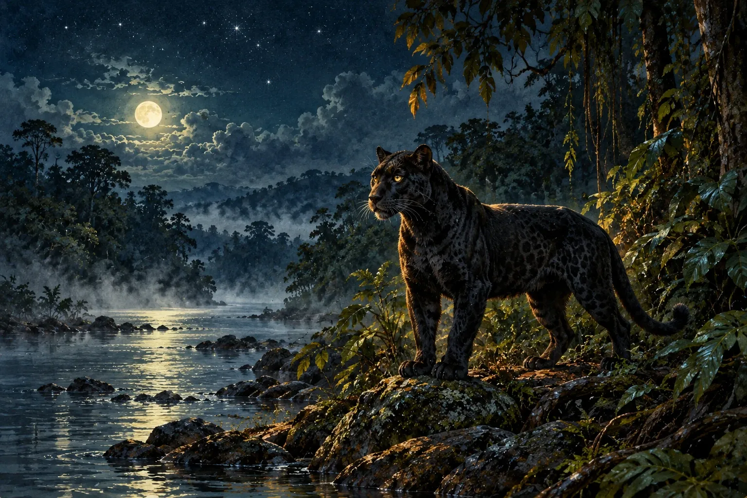 Dreamlike night painting of a panther in its natural world.