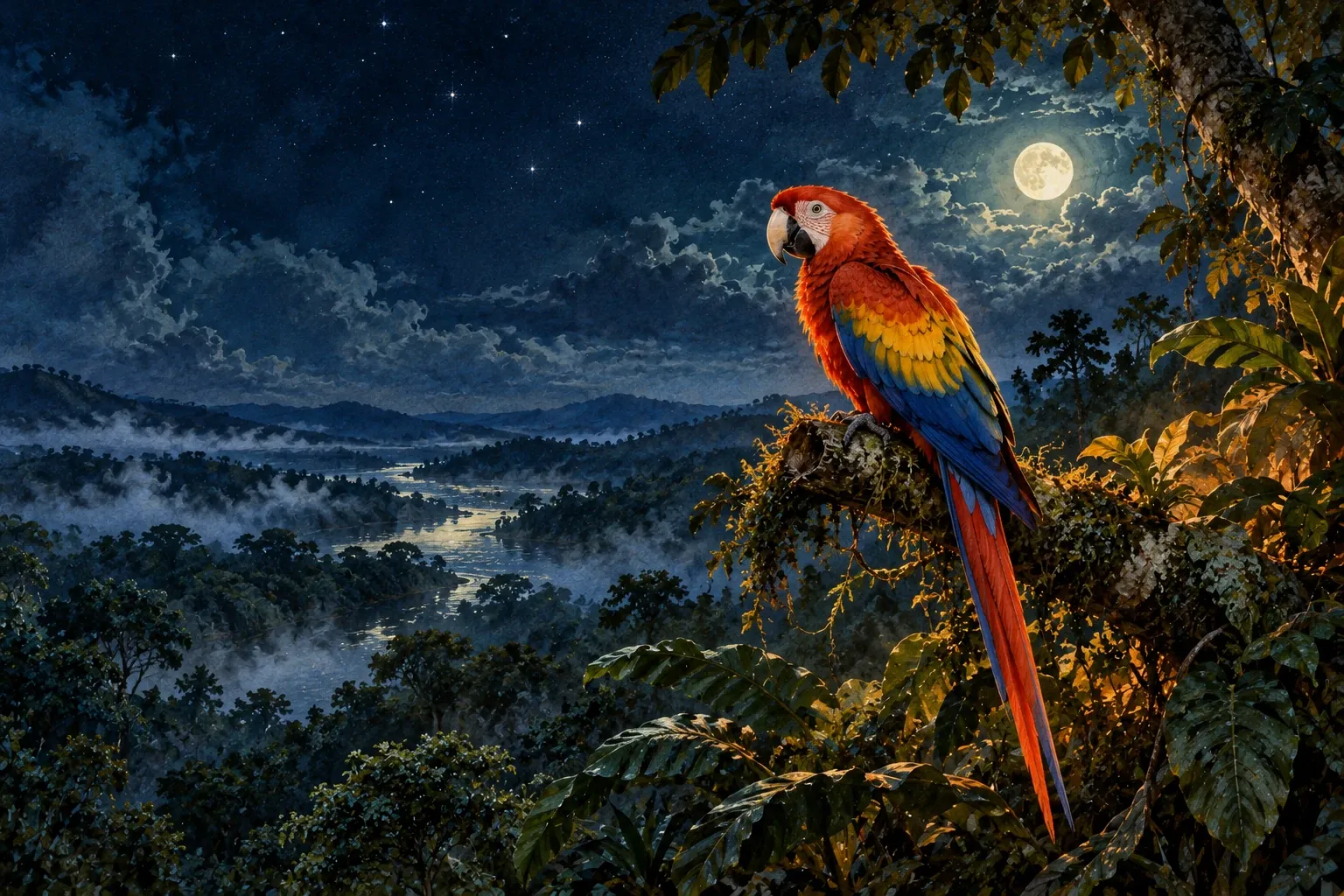 Dreamlike night painting of a parrot in its natural world.