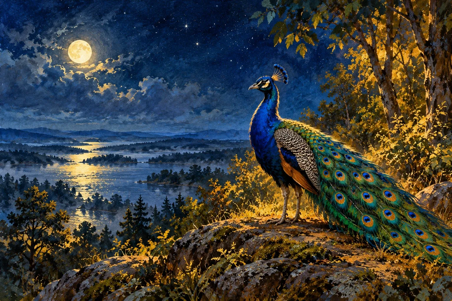 Dreamlike night painting of a peacock in its natural world.