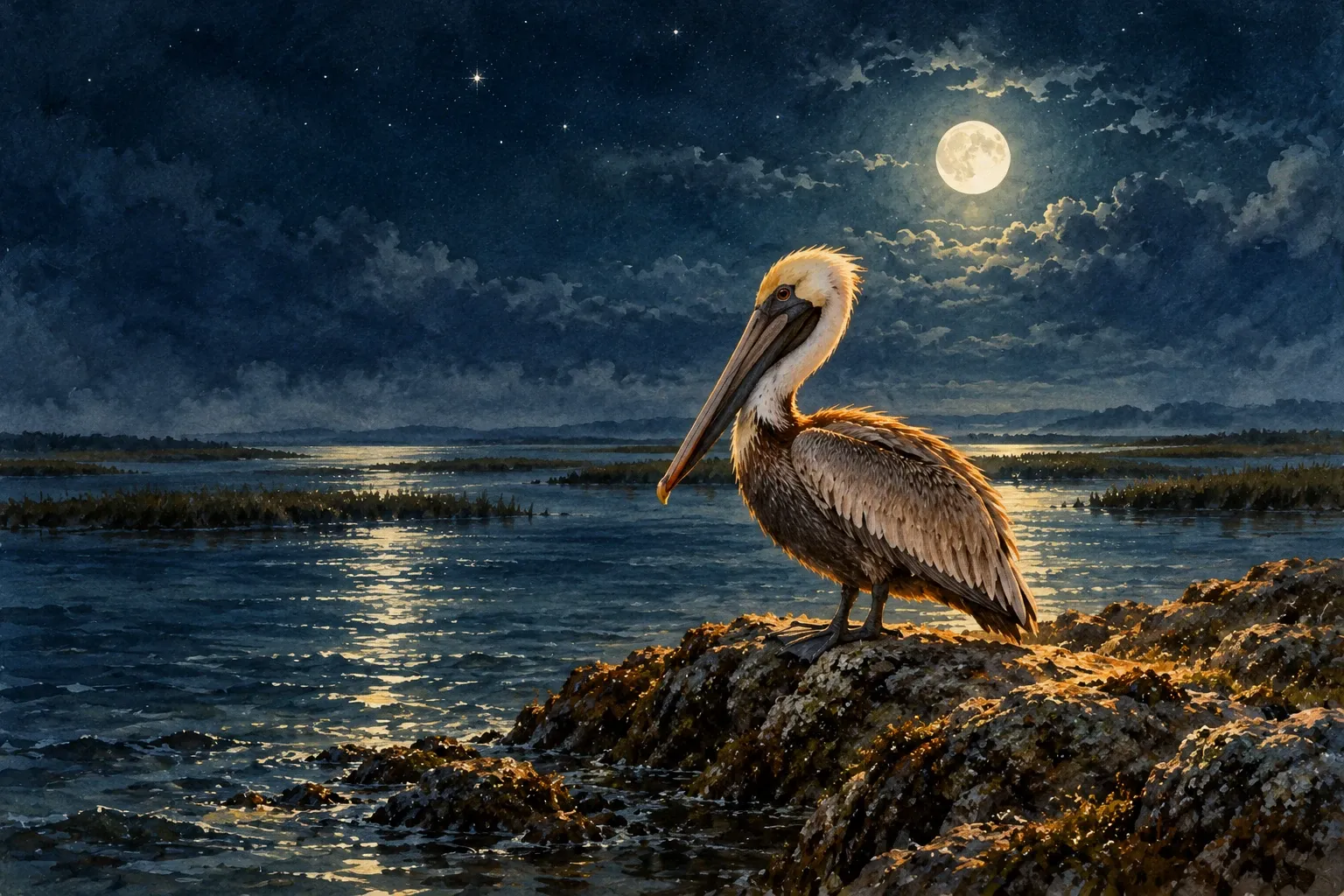 Dreamlike night painting of a pelican in its natural world.