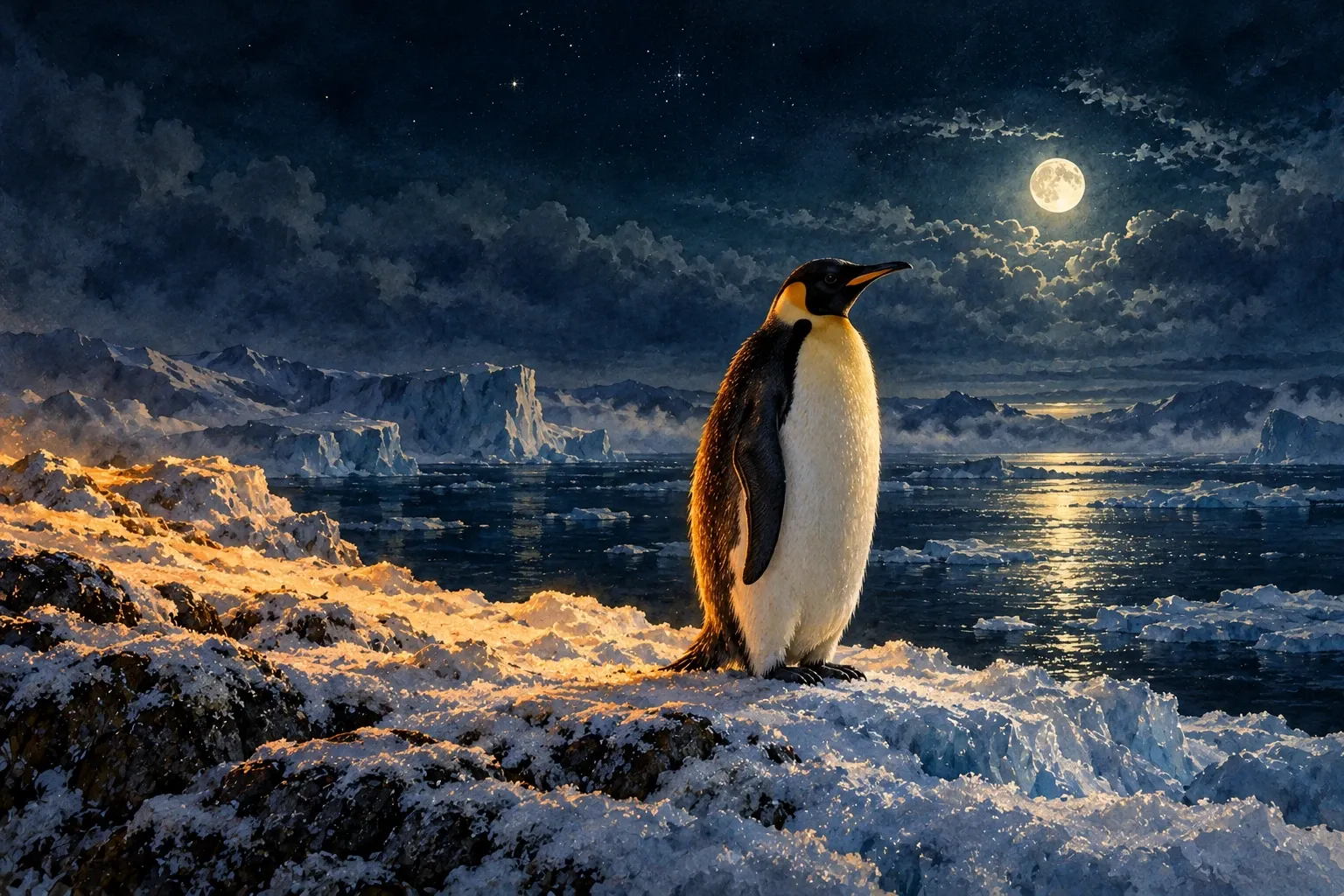 Dreamlike night painting of a penguin in its natural world.