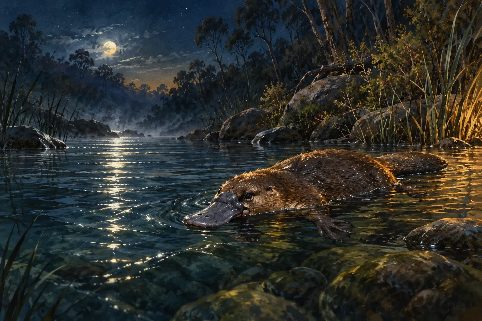 Dreamlike night painting of a platypus in its natural world.