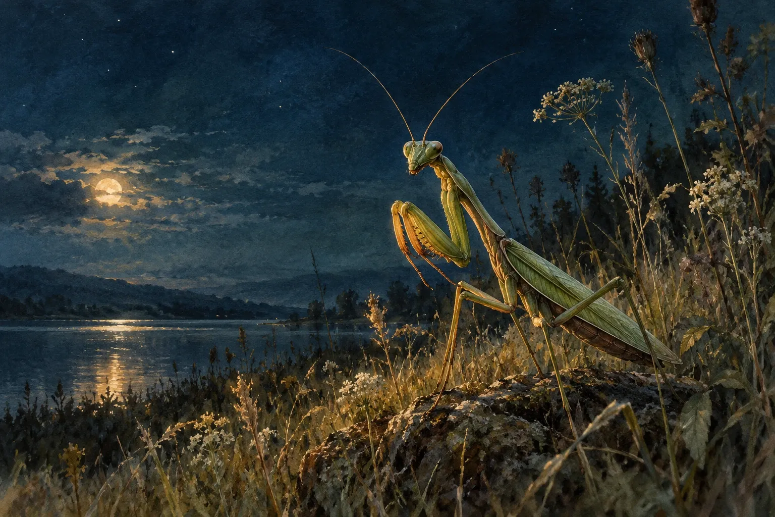Dreamlike night painting of a praying mantis in its natural world.
