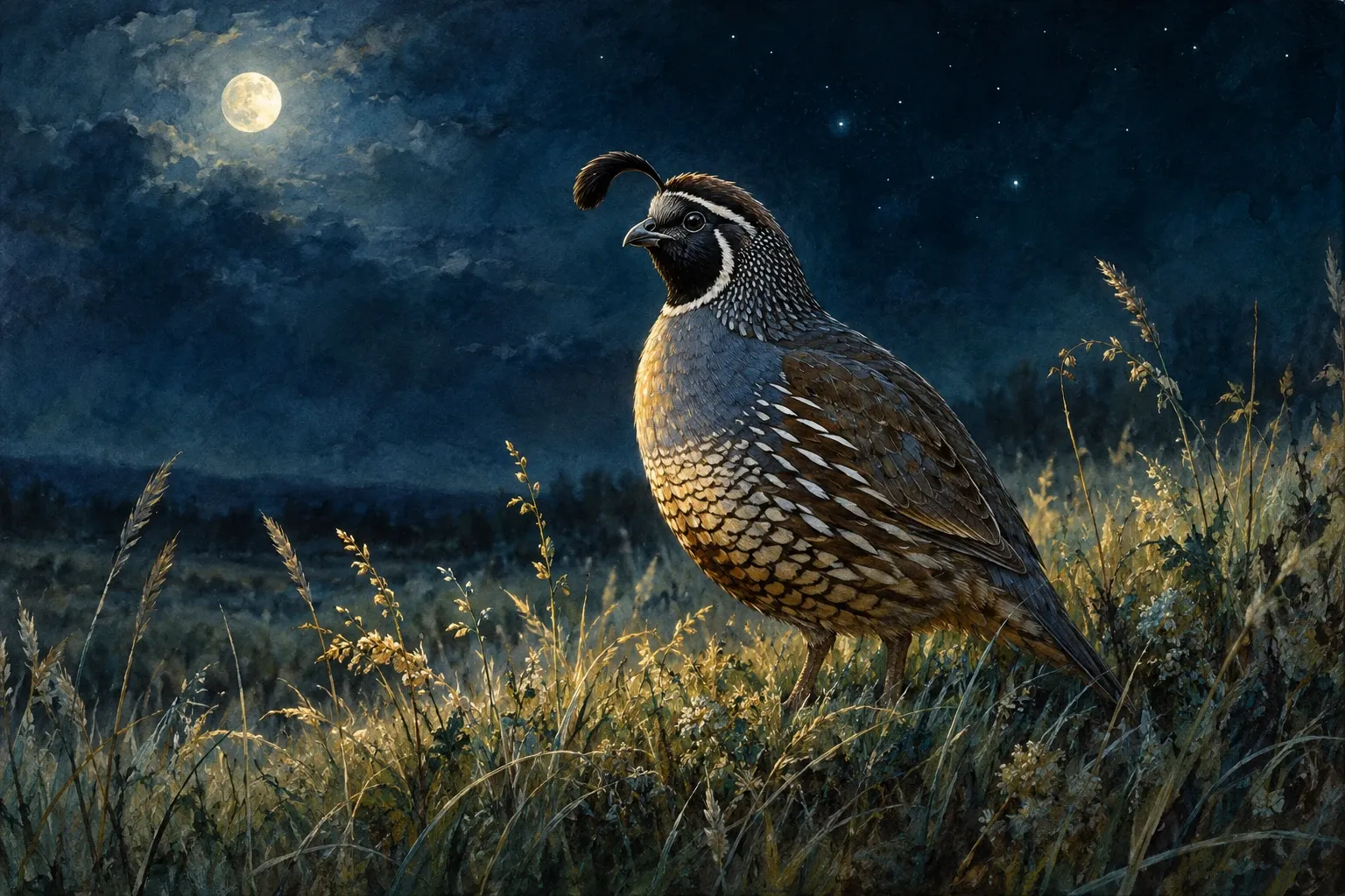 Dreamlike night painting of a quail in its natural world.