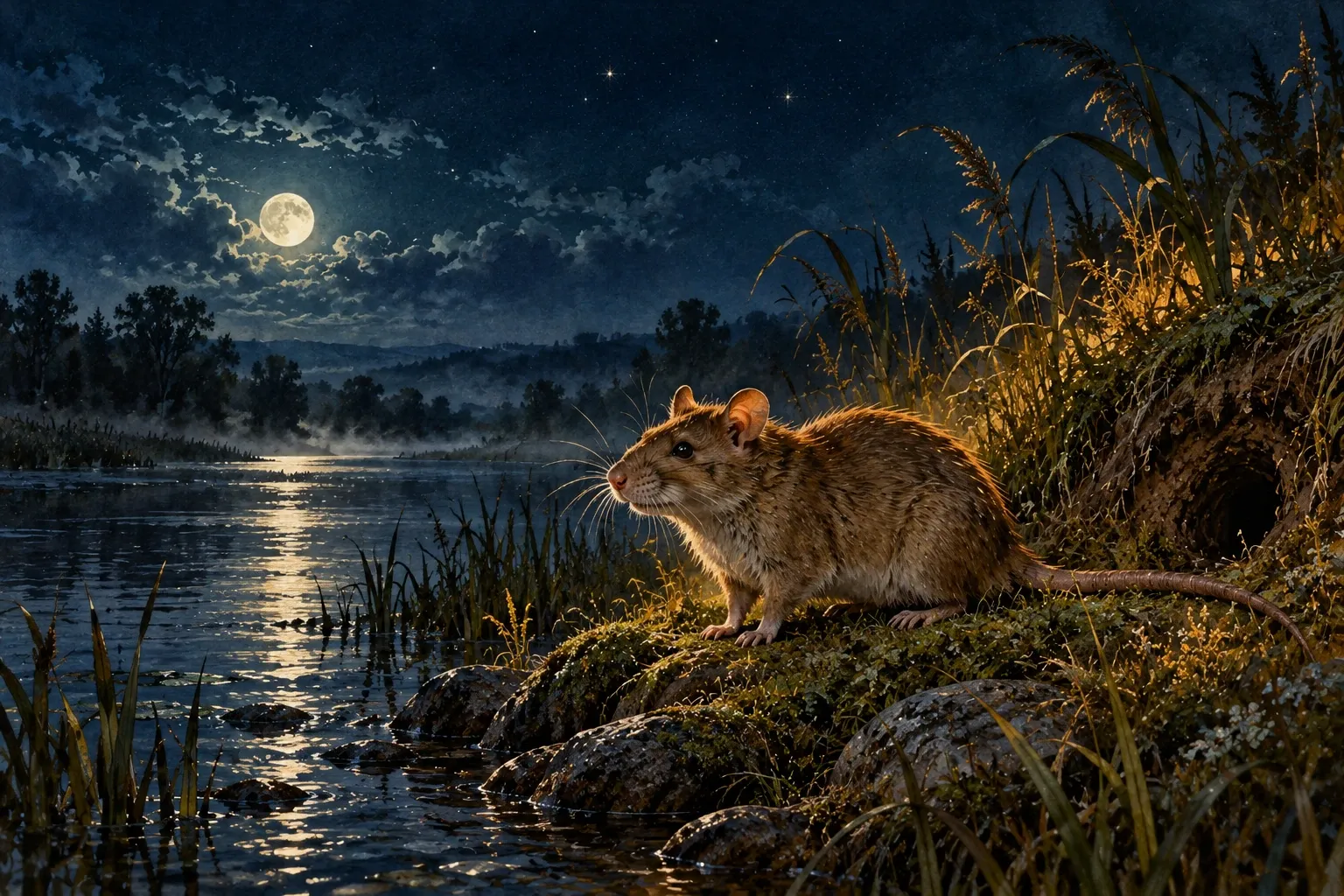 Dreamlike night painting of a rat in its natural world.