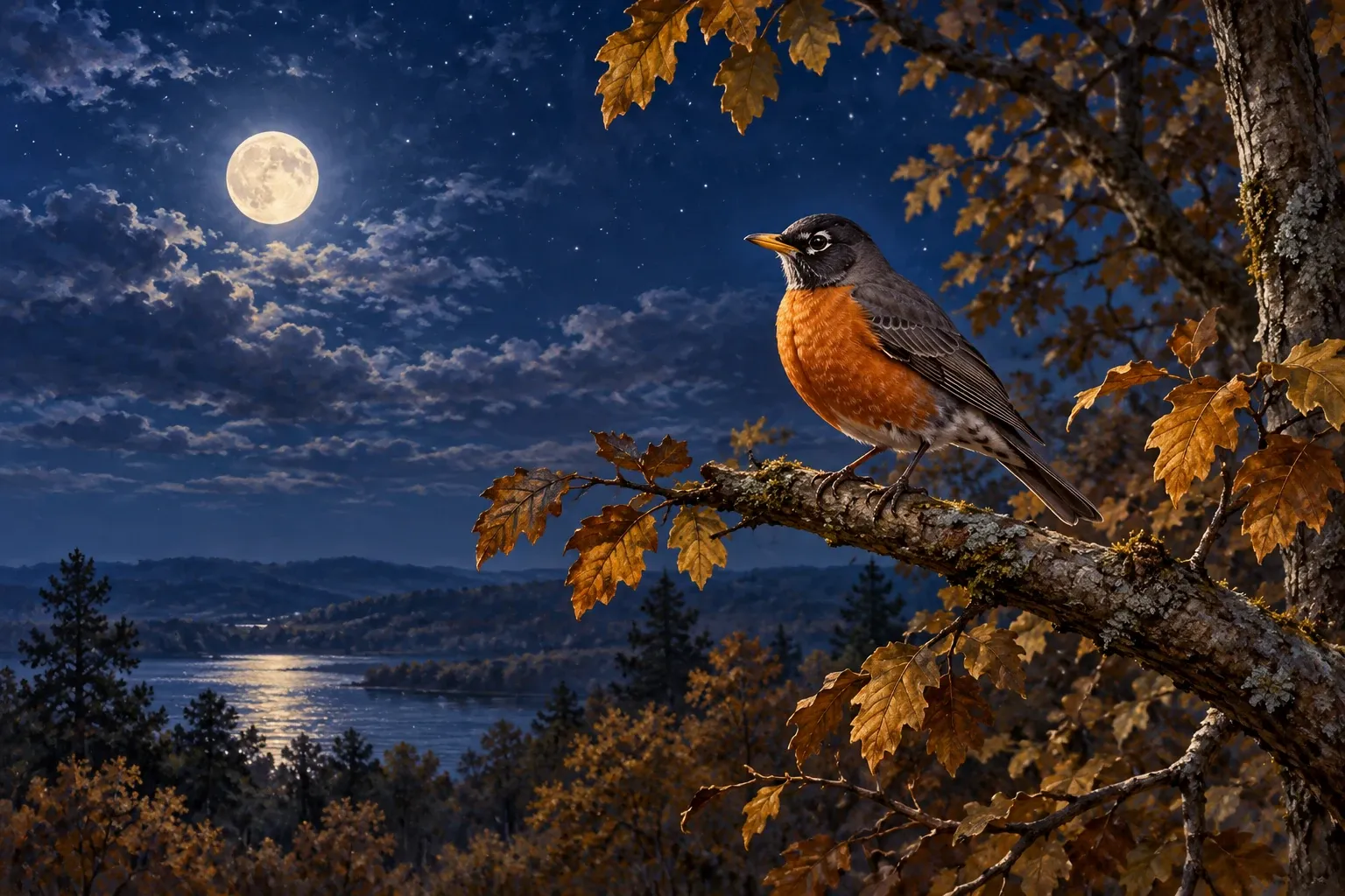 Dreamlike night painting of a robin in its natural world.
