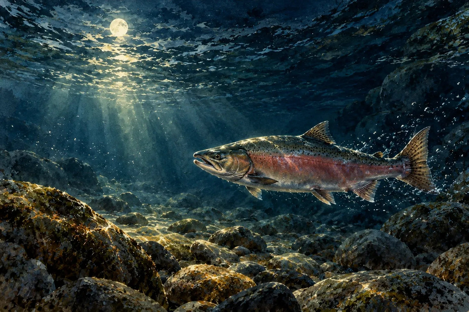 Dreamlike night painting of a salmon in its natural world.