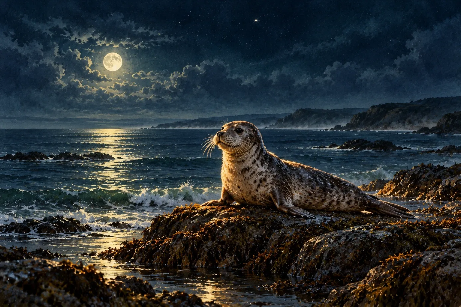 Dreamlike night painting of a seal in its natural world.