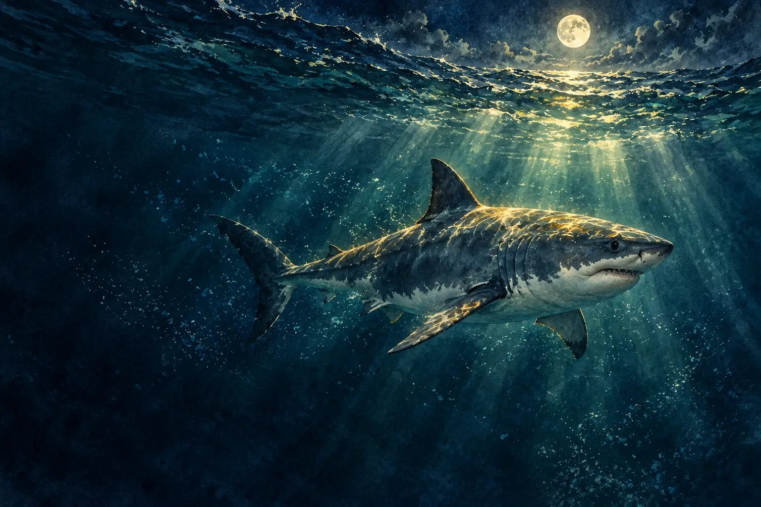 Dreamlike night painting of a shark in its natural world.
