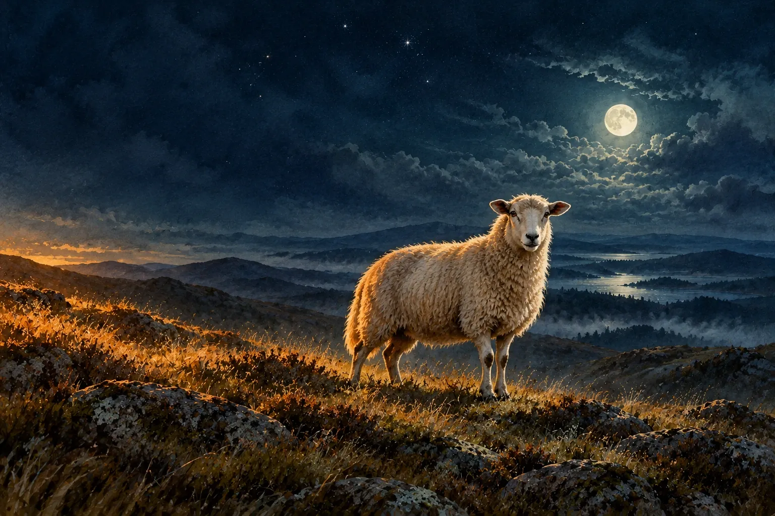 Dreamlike night painting of a sheep in its natural world.