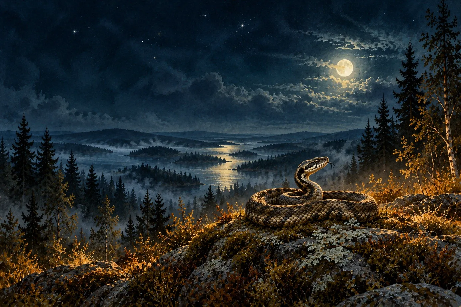 Dreamlike night painting of a snake in its natural world.