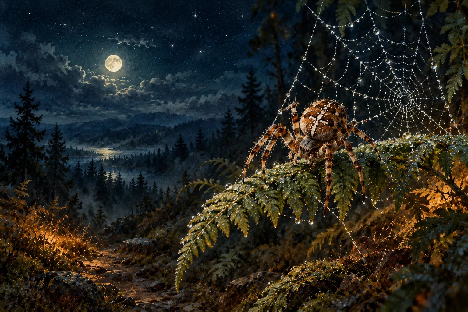 Dreamlike night painting of a spider in its natural world.