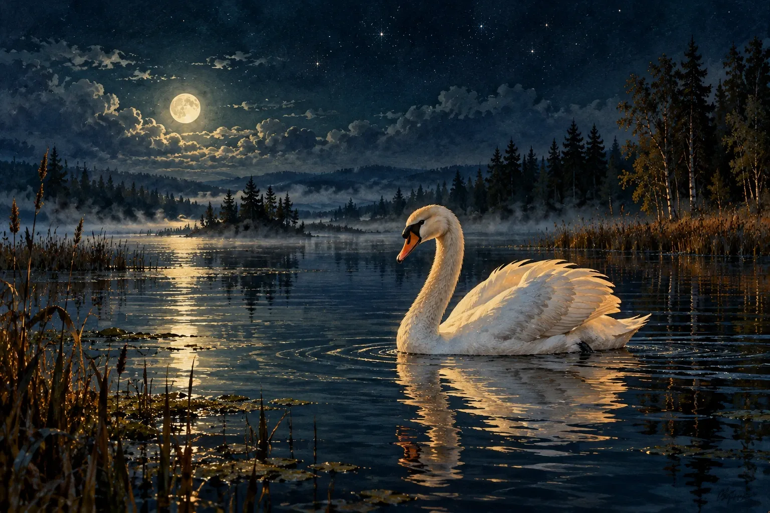 Dreamlike night painting of a swan in its natural world.