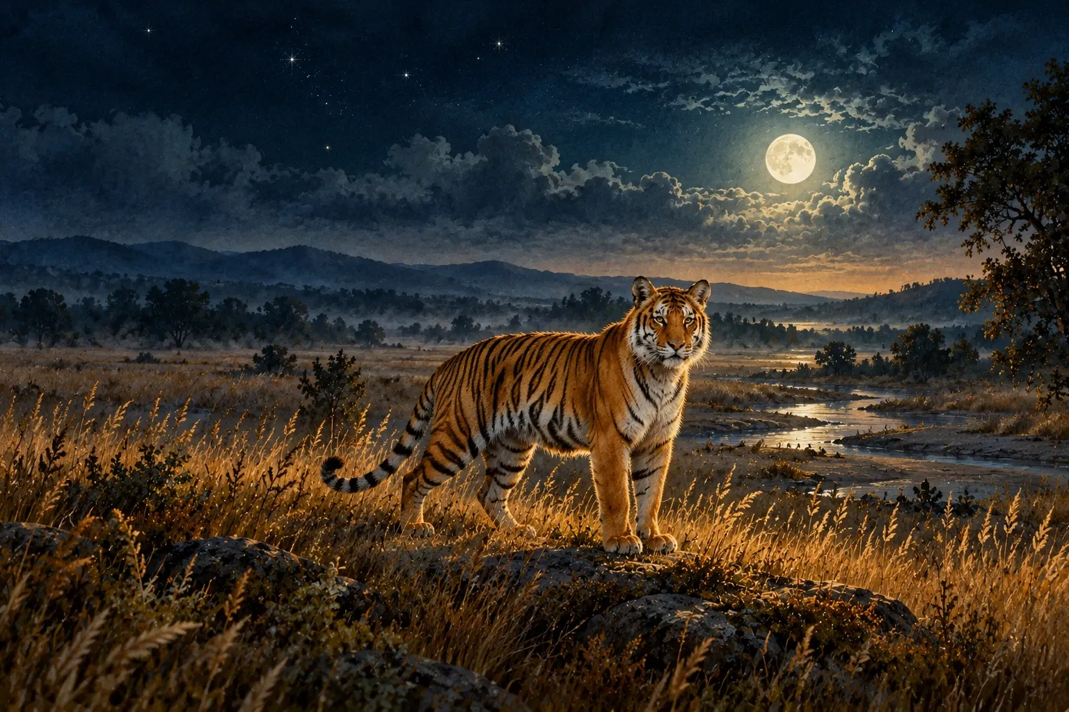 Dreamlike night painting of a tiger in its natural world.