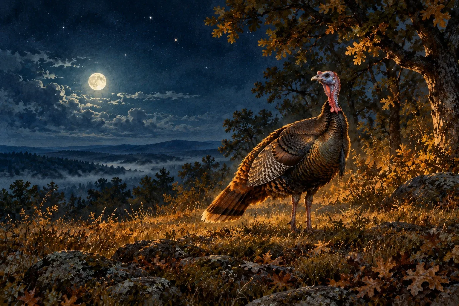 Dreamlike night painting of a turkey in its natural world.