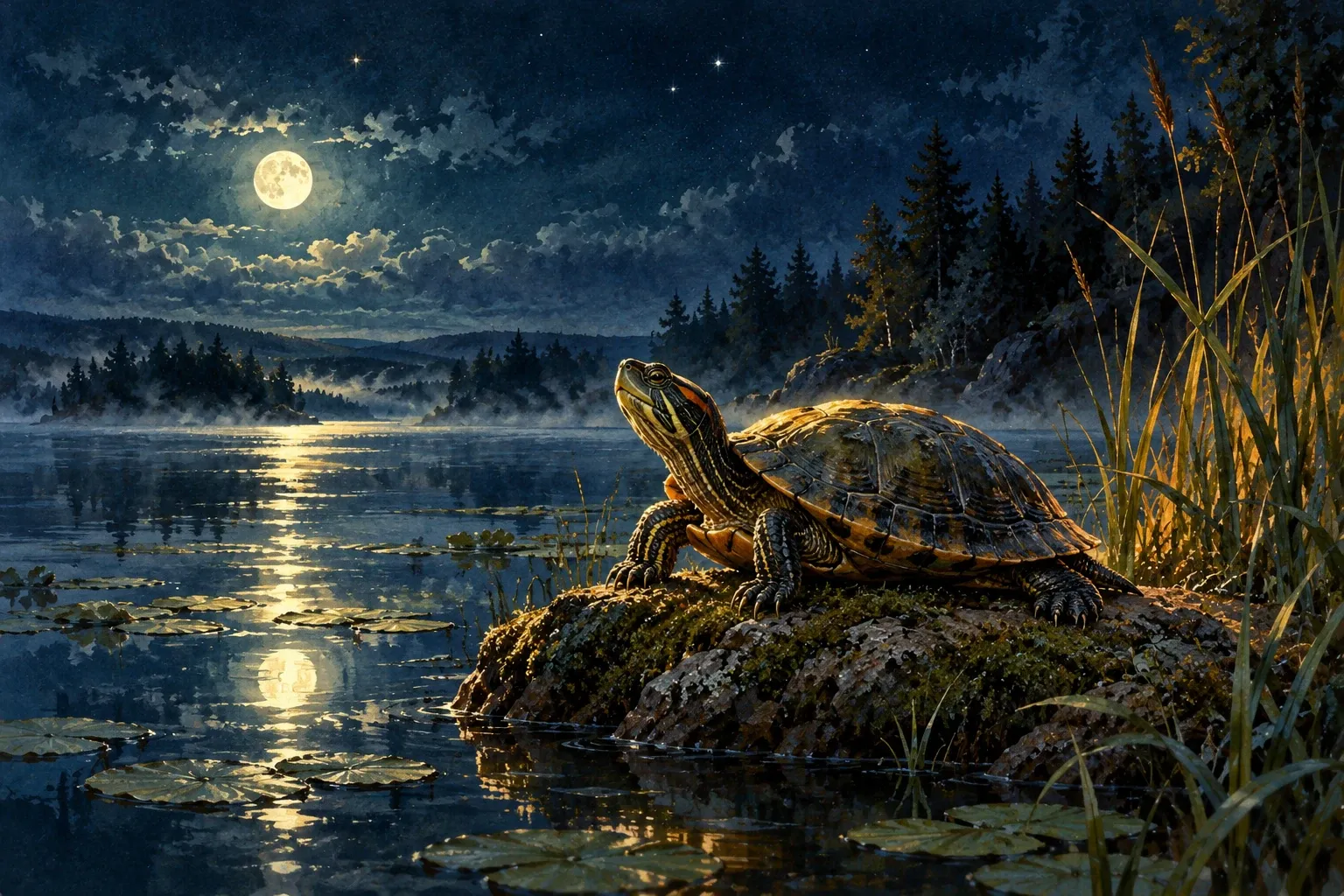 Dreamlike night painting of a turtle in its natural world.