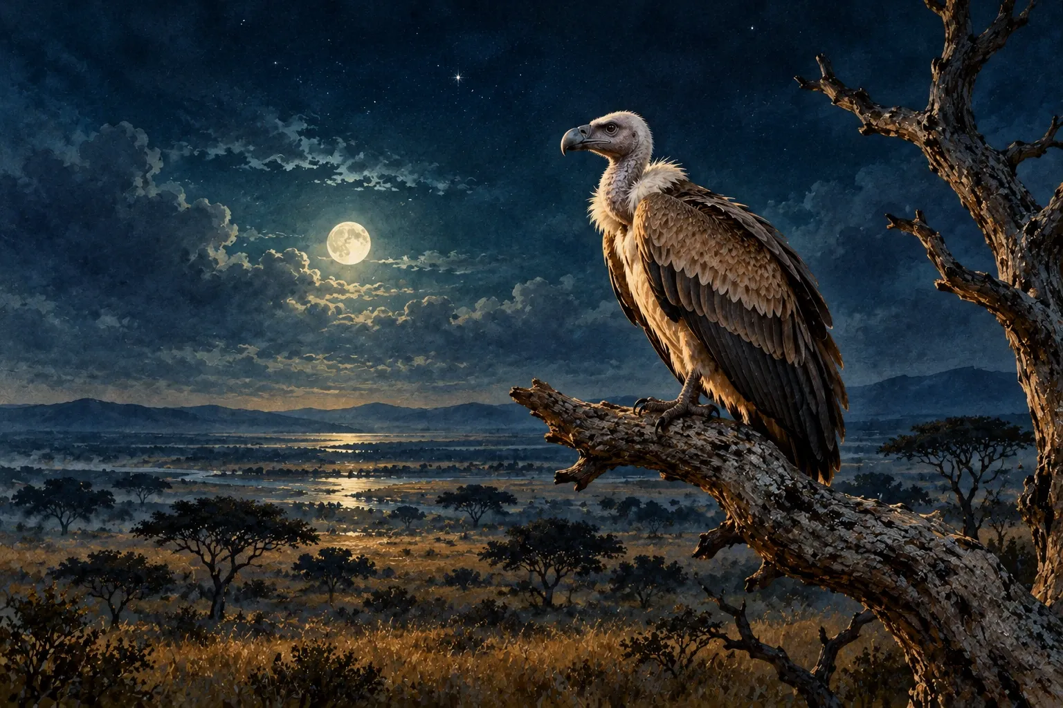 Dreamlike night painting of a vulture in its natural world.