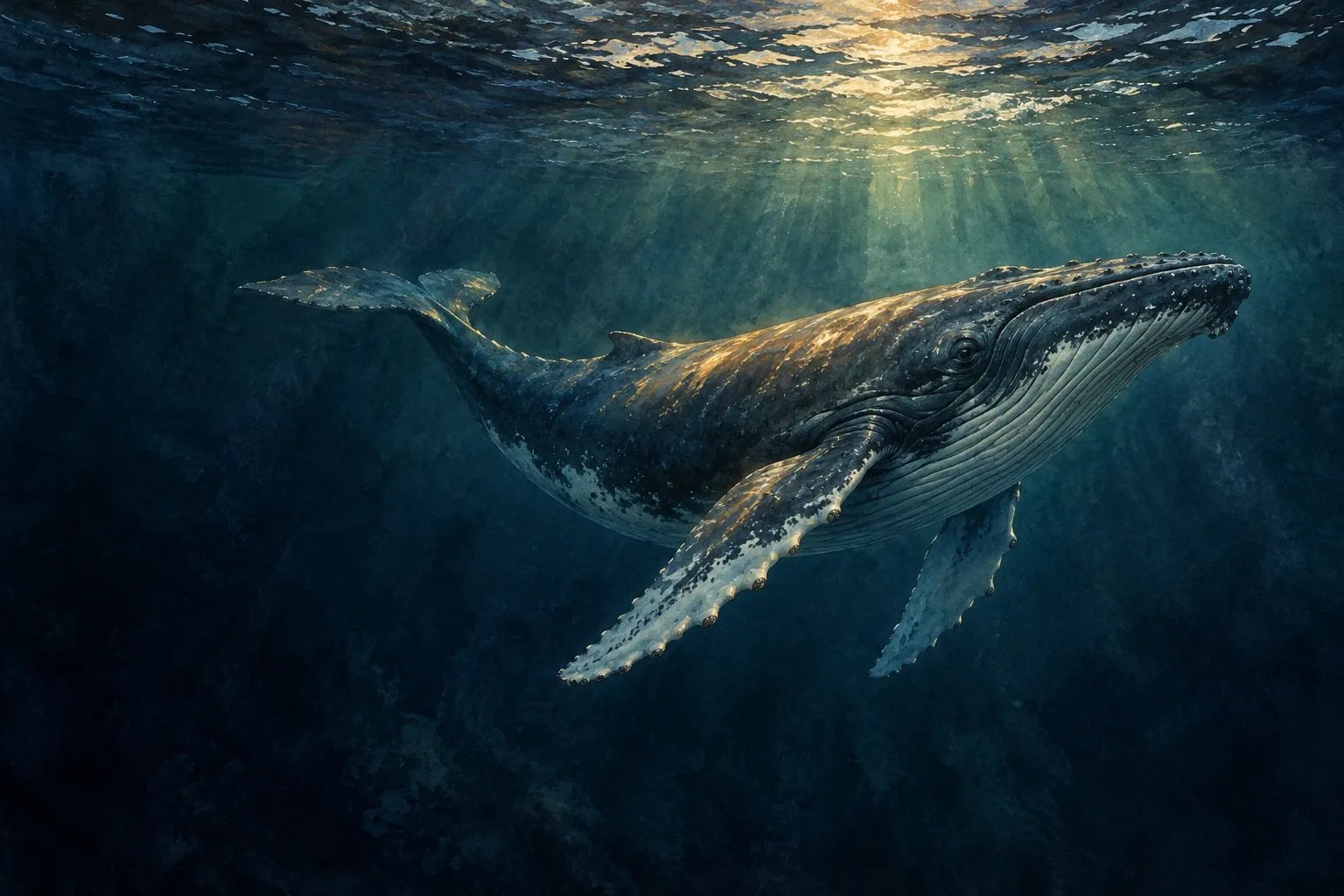 Dreamlike night painting of a whale in its natural world.