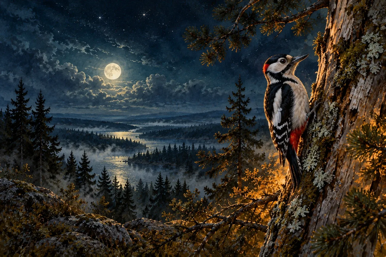 Dreamlike night painting of a woodpecker in its natural world.